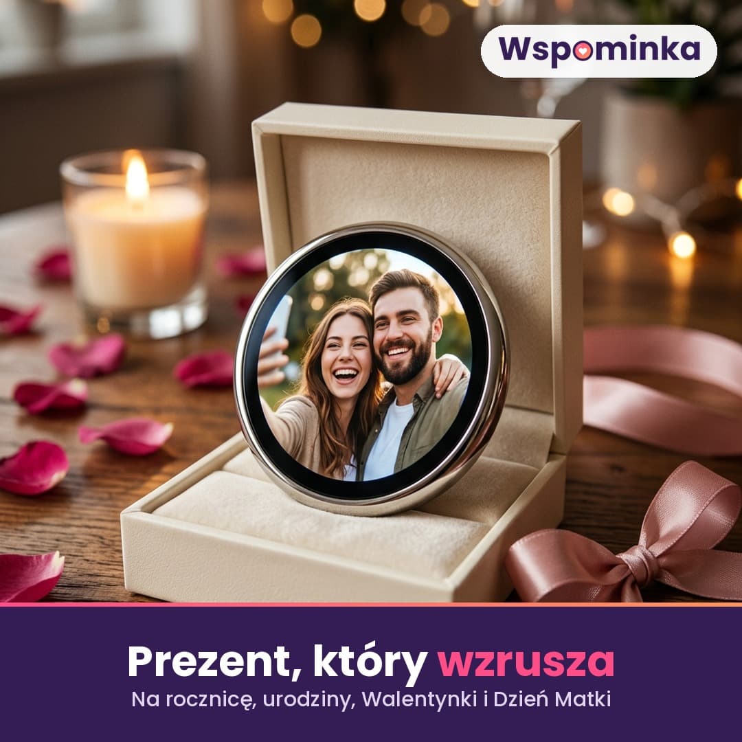 Wspominka™ – przypinka z okrągłym ekranem na zdjęcia, GIF-y i filmiki