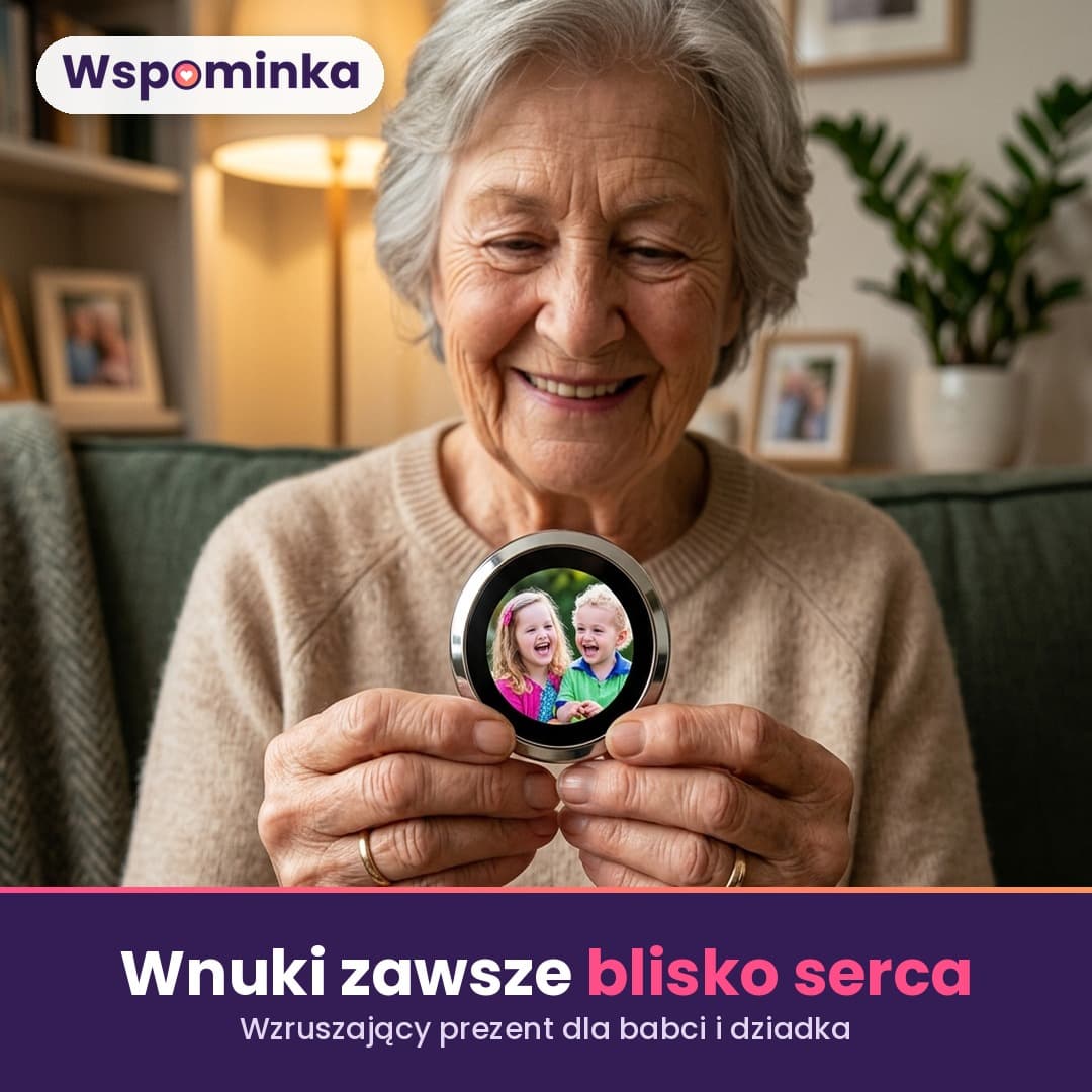 Wspominka™ – przypinka z okrągłym ekranem na zdjęcia, GIF-y i filmiki