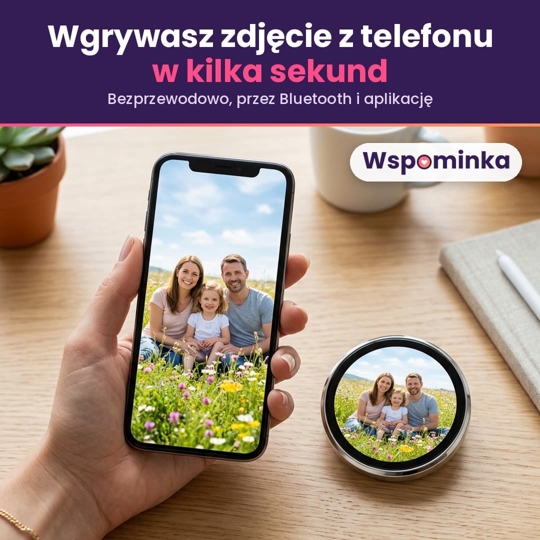 Wspominka™ – przypinka z okrągłym ekranem na zdjęcia, GIF-y i filmiki