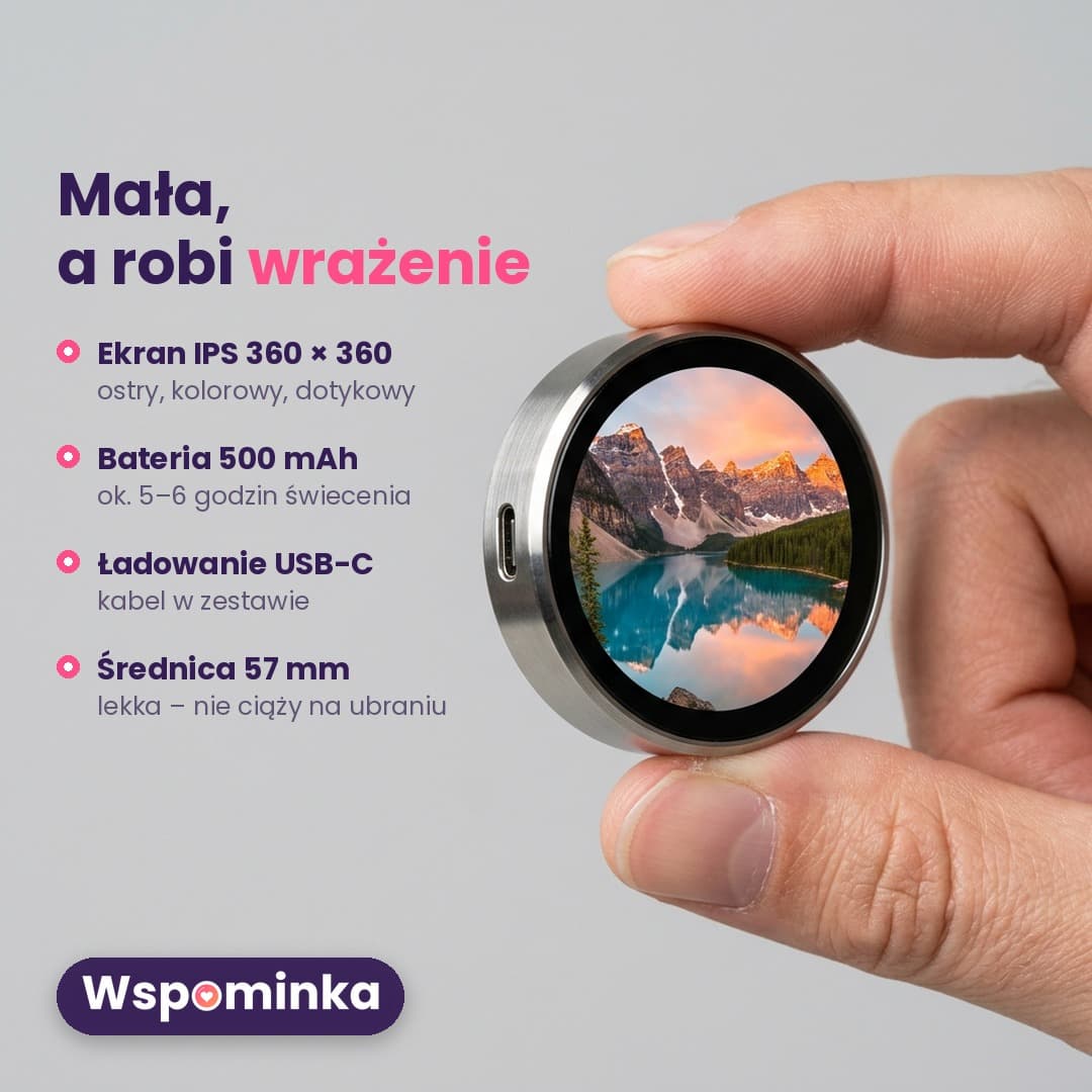 Wspominka™ – przypinka z okrągłym ekranem na zdjęcia, GIF-y i filmiki