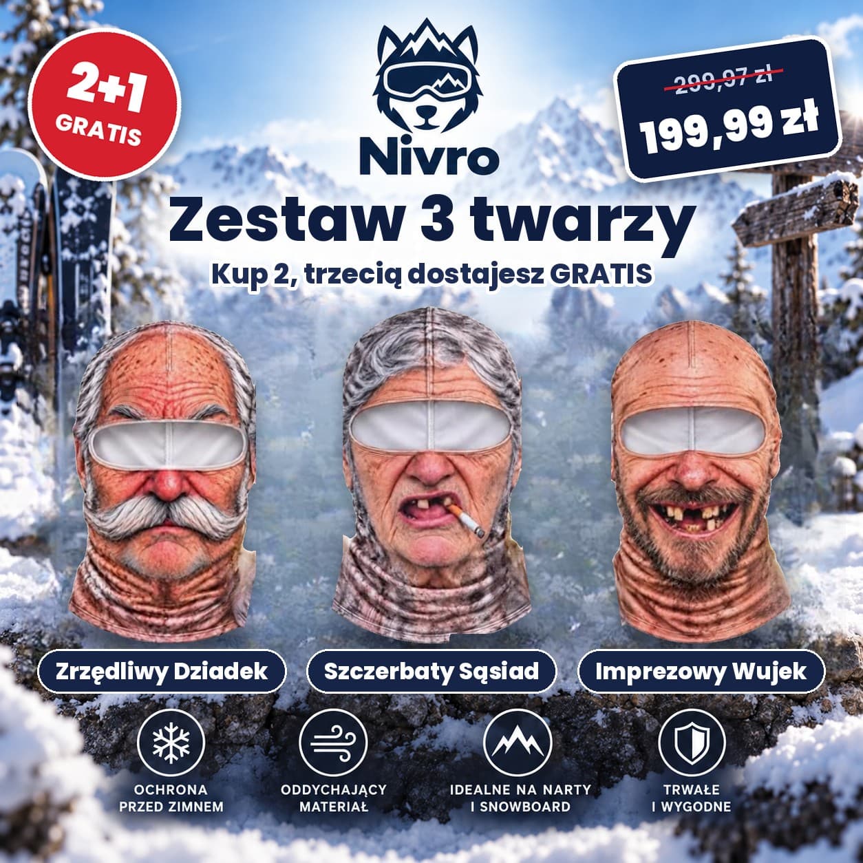 Nivro™ – śmieszna kominiarka narciarska z twarzą