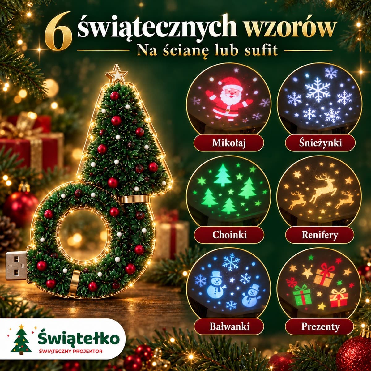 Świątełko™ – świąteczny projektor USB w kształcie choinki
