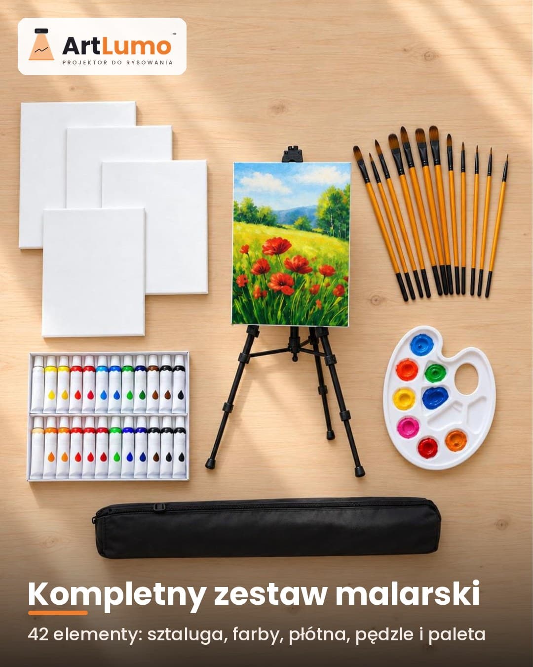 ArtLumo™ Zestaw malarski – sztaluga, farby, płótna i pędzle (42 el.)
