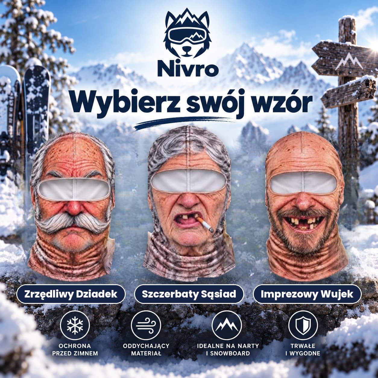 Nivro™ – śmieszna kominiarka narciarska z twarzą