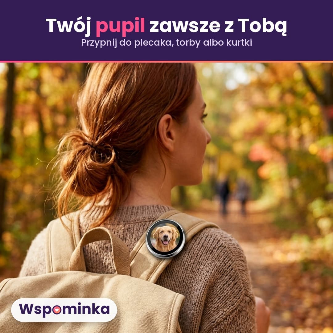 Wspominka™ – przypinka z okrągłym ekranem na zdjęcia, GIF-y i filmiki