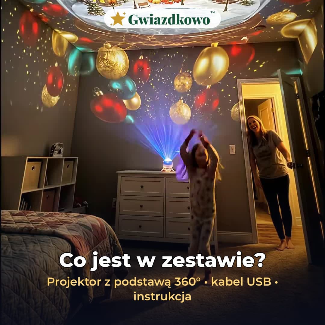 Gwiazdkowo™ – świąteczny projektor na sufit z obrotową podstawą 360°